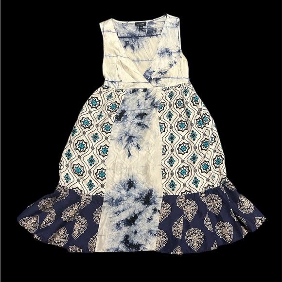 TIE DYE BOHO PATCHWORK SILK BABYDOLL DRESS - Picture 1 of 8